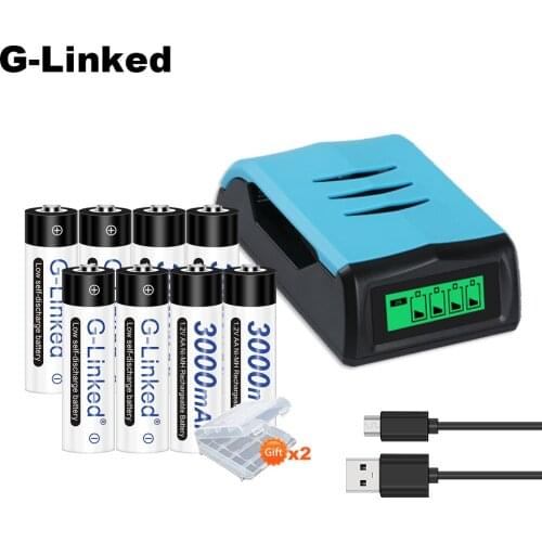 AA Battery Charger Multi Usage 4 Slots LCD Display Quick Charger + 8PCS 3000mAh 1.2V AA Ni-Mh Batteries Rechargeable Battery