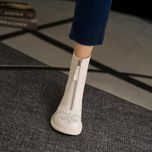 2021 Winter Women Shoes Genuine Leather Round Toe Modern Boots Chunky Boots for Women Solid Zipper Black Boots Women Fall Shoes