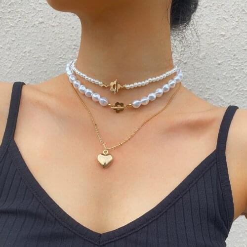 Elegant White Pearl Choker Necklace For Women Aesthetic Gold Color Heart Pendant Necklaces Jewelry Accessories Collier Femme