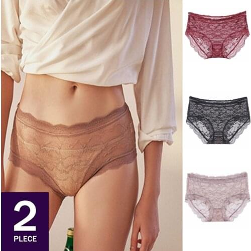 2Pcs Sexy Lace Women Underwear Plus Size Briefs Thin Mid Waist Sexy Panties Soft Breathable Comfortable Large Underpants M-3XL