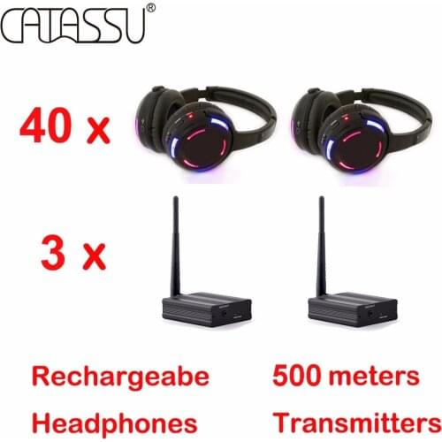 500m distance LED flashing light silent disco headphone 40 headphones plus 3 transmitters package