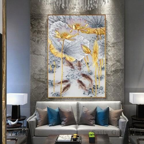 Abstract Gold Lotus Fishes Poster Canvas Painting Art Cuadros New Chinese Style Decor Wall Pictures for Living Room Home Decor