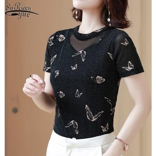 2020 New Women Summer Short Sleeve Blouse Plus Size Spliced Mesh Tops Vintage Round Collar Fashion Elegant Camisetas 9159 50