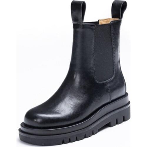 Chelsea Boots Women Slip On Ankle Boots Winter Shoes Woman Platform Martin Boots Black Chunky Heel Genuine Leather botas WSH4170