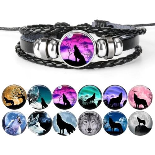 1 Pcs Fashion Accessories Wolf and Full Moon Black Button Leather Bracelet Jewelry Dome Glass Cabochons Charm Bracelet for Men