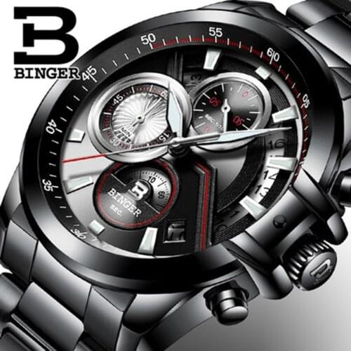 Genuine Luxury BINGER Brand Mens Quartz Sports Stopwatch Watch All Black Calendar Male Leather Strap Luminous Waterproof Table