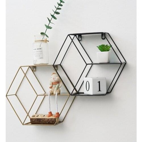 Decorative Shelves Wall Hanging Storage Shelf Metal Wire Hexagon Storage Display Rack for Living Room Bedroom Office Home Decor