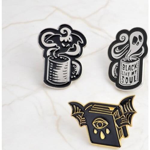 Magical Book Wings Coffee Ghost Devil Batty Enamel Pins Badge Lapel Brooches Jewelry Decorated for Shirt Denim Gift