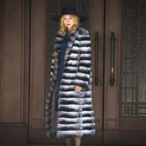FURSARCAR 2021 New 120cm X-Long Natural Rex Rabbit Fur Jacket With Collar Winter Women Chinchilla Coat Fur Fashion Outwear