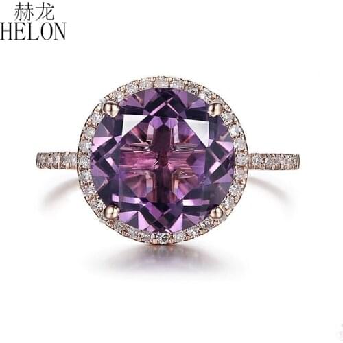 HELON Solid 14K Rose Gold AU585 Flawless Round 9.5mm Natural Amethyst & Diamonds Engagement Ring Women Trendy Fine Jewelry