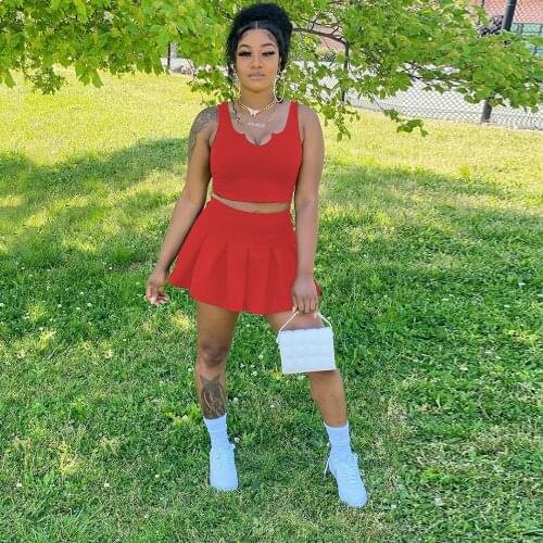 School Student Two Piece Dress Sets Womens Costumes Deep V Neck Sleeveless Tank Top and Pleated Mini Skirts Activewear Outfit