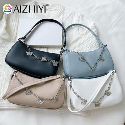 Fashion Women Butterfly Chain PU Leather Shoulder Underarm Bag Casual Ladies Pure Color Small Purse Handbags