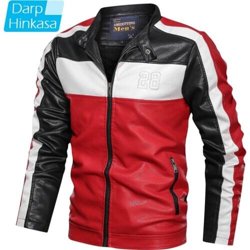Men Casual Motor Fleece Stitching Leather Jacket Men Fashion Locomotive Retro Warm PU Leather Jacket Men Coat