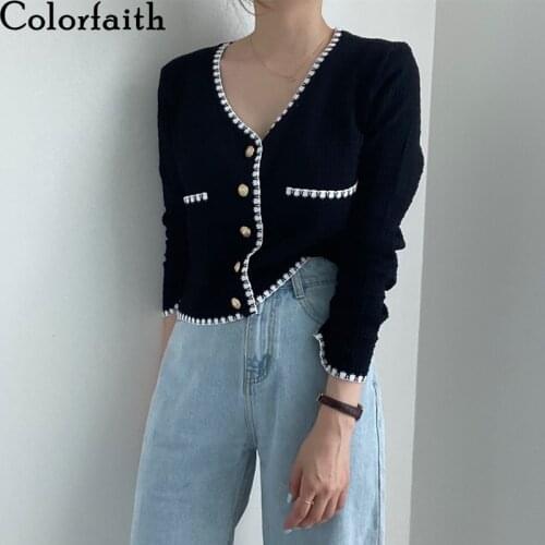 Colorfaith New 2020 Autumn Winter Womens Sweaters V-Neck Casual Buttons Cardigans Fashionable Pocket Korean Knitwears SWC9662