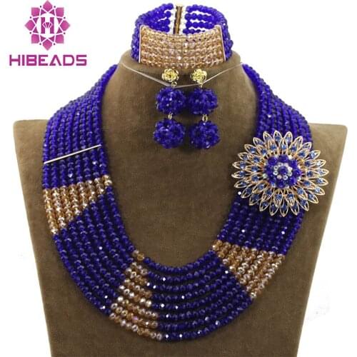 Popular Royal Blue and Gold Crystal Party Women Jewelry Set African Fashion Beads Jewelry Set 2017 Free Shipping WD945
