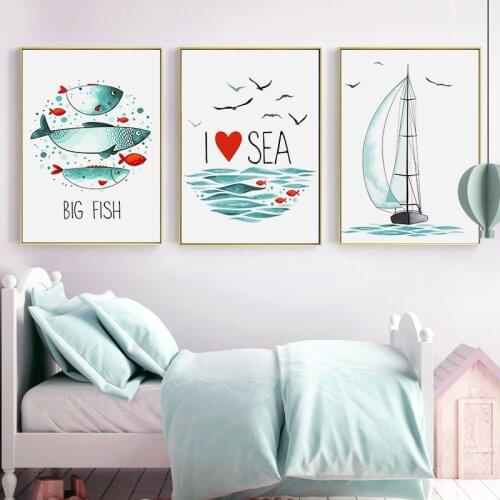 Nordic Cute Cartoon Animal Poster Print Minimalist Fish Boat Wall Art Canvas Painting Picture Kids Baby Room Bedroom Home Decor