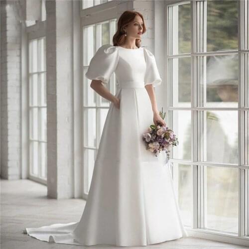 Simple Satin Wedding Dresses Puff Sleeve Princess Bridal Gowns with Pockets Plus Size A-Line свадебное платье Vestido De Noiva