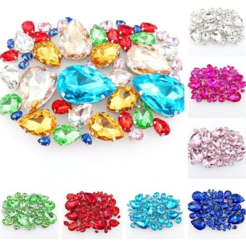 Silver claw setting water drop shape 7 sizes mix 50pcs/bag glass crystal sew on rhinestone wedding dress shoes bags diy trim