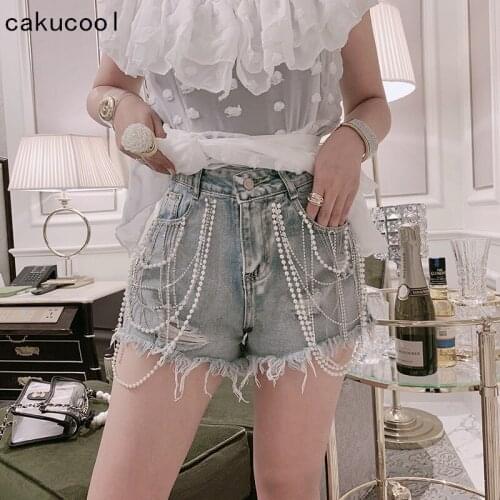 Cakucool New Summer Denim Shorts Pearls Beading Tassel Chain Chic Shorts Empire Ripped Holes Slim Diamonds Punk Shorts Female
