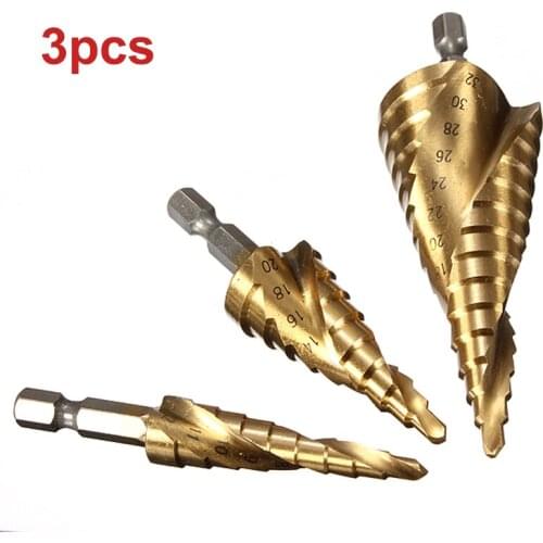 3pcs HSS Step Cone Drill Bits 4-12mm 4-20mm 4-32mm Titanium Coated Twist Spiral Drill 1/4 Inch Hole Cutter Cutting Tool