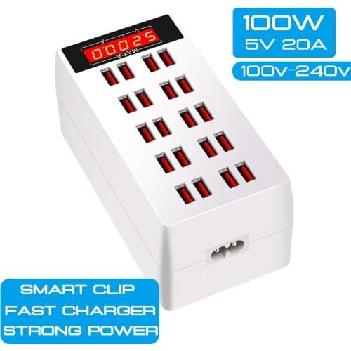 20 USB Smart Led Display Fast Charger 5V 20A 100W Charger Station Power Adpater with Fan Cooler for iPad iPhone Android Phone