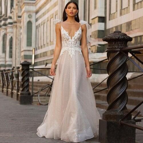 Sparky Vintage Boho Wedding Dresses Sequin Lace Beach Bride Dress 2021 Backless Wedding Gowns Glitter Tulle Mariage