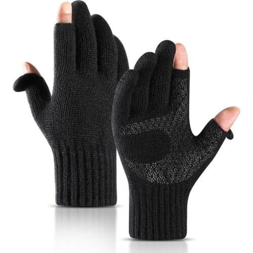 Knitted Gloves for Men and Women Fall and Winter Windproof and Velvet Thickened Non-slip Warmth Fingerless Fishing Riding Gloves