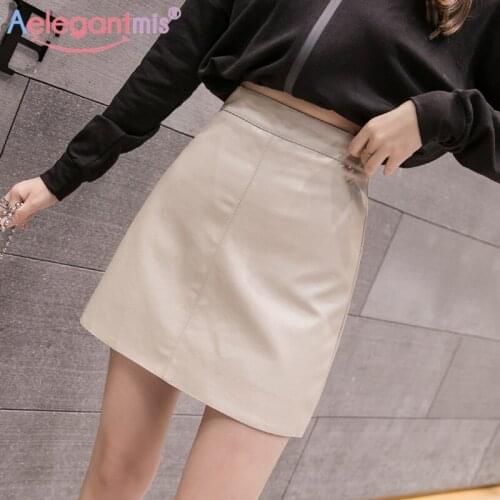 Aelegantmis High Quality Korean Solid High Waist Mini Pu Skirt Women All-match Personality Female Vintage Leather A Line Skirt