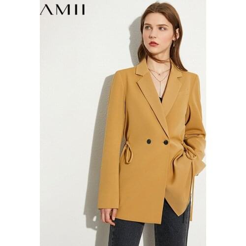 AMII Minimalism Autumn Womens Suit Coat Temperament Solid Lapel Drawstring Double Breasted Olstyle Causal Female Coat 12040388