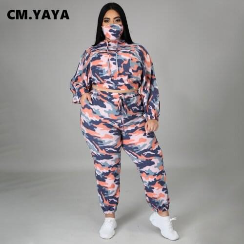 CM.YAYA Women Plus Size Tracksuit Print Hooded Crop Tops + Stretchy Pants Two 2 Piece Sets Fashion Outfits Autumn Sportswear