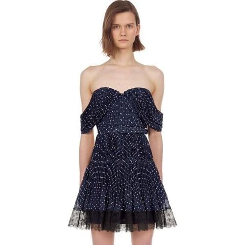 Sexy Women Lace Mesh Dress 2020 New Summer High Quality Polka Dot Stitched Wrap Sleeveless Dress Off Shoulder Lady Beach Dress