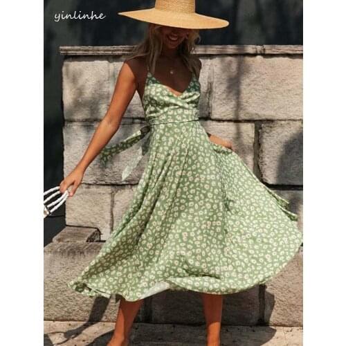 Yinlinhe Print Green Boho Long Dress Women Backless beach dress summer bow tied v neck strap holiday party vestidos 2020 1469