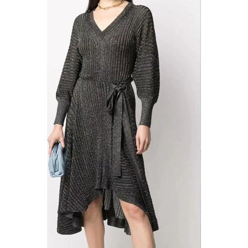 Gray Sashes Women Dress Asymmetrical festival outfi Lantern Sleeve V-Neck Elegant Evening Night Celebrity Runway Party Dresses