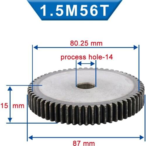1 Piece 1.5M Spur Gear 56/57/58/59 Teeth 14/15 mm Process Hole Gear Wheel Low Carbon Steel Material Flat Gear Total Height 15 mm