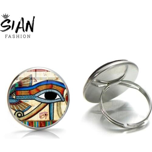 SIAN Eye of Horus Silver Plated Ring Ancient Egyptian Eye Art Photo Print Glass Cabochon Adjustable Rings Amulet Symbol Jewelry