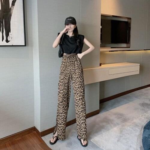 Womens pants summer leopard print traf Korean style long high waist harajuku Womens pants sexy loose y2k korean fashion Pants