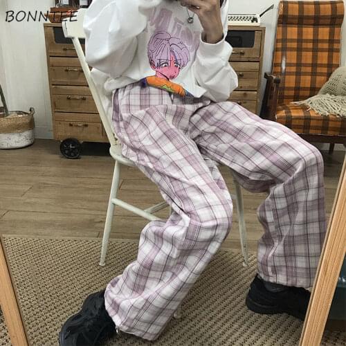Wide Leg Pants Women Pantalones Lady All-match Full Length Baggy Fashion Pink Plaid High Waist Casual Design Summer Ins Joggers