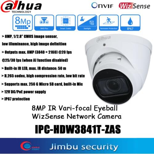 Dahua 8MP IP Camera POE IPC-HDW3841T-ZAS H.265 codec IR50M CCTV Microphone 256 G Micro SD card IP67 HDW3841T-ZAS webcam