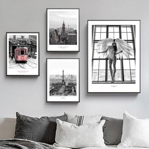 Canvas Painting New York Paris Tower Angel Wing Girl Tram Vintage Posters Wall Art Prints Modern For Living Room Decoration