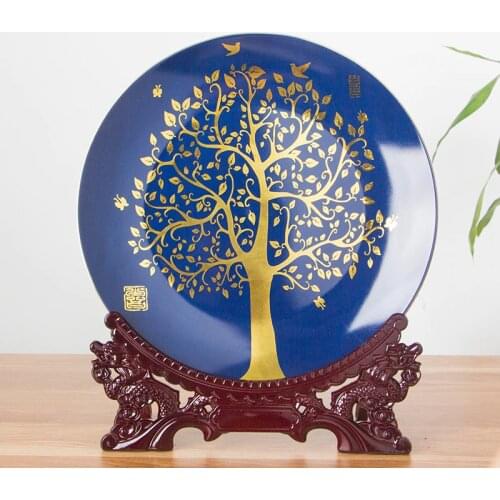 Chinese Style Jingdezhen Fine Decorative Golden Tree Porcelain Plate Wood Base Set Birthday Gifts