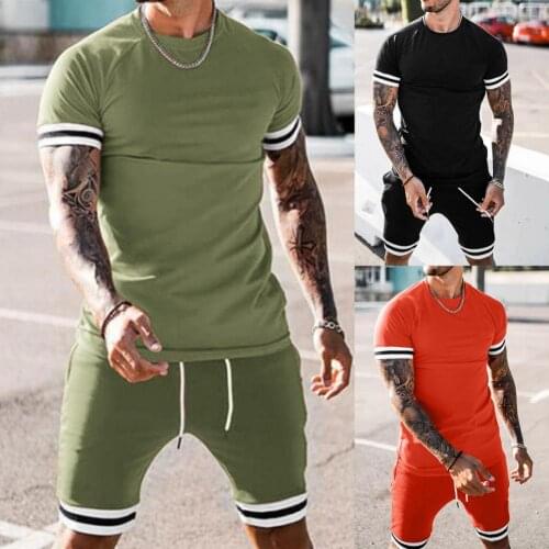 2Pcs Mens Tracksuit Short Sleeve Summer Gym Sports Suit Jogging Sport Wear Exercise Drawstring Workout Set Sportswear