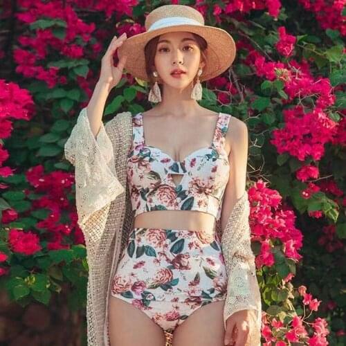 Korean Swim Suit Women Flowers Bandeau Bikini Push Up Two Piece Swimsuit Girls Swimwear Split Bathing Suit Beach Wear Beachwear