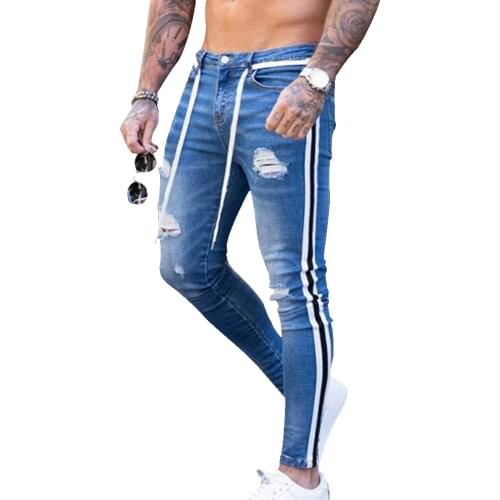 Trendy Men Skinny Jeans Biker Destroyed Frayed Fit Denim Ripped Denim Pants Side Stripe Pencil Pants Hip Hop Streetwear