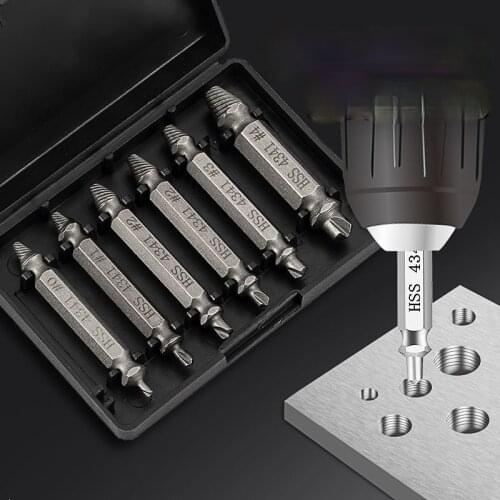 6pcs/Set Material Damaged Screw Extractor Drill Bits Guide Set Broken Speed Out Easy out Bolt Stud Stripped Screw Remover Tools
