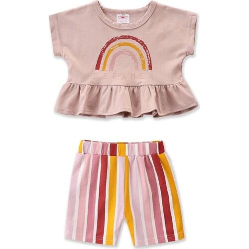 New Kids Girls Summer Clothes Rainbow Print Ruffles Short Sleeve T-shorts+Striped Shorts Pants Casual Outfits