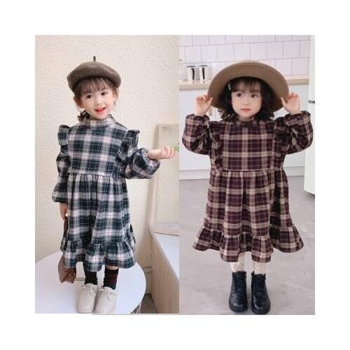 Girls Dress Kids Plaid Stand Collar Plus Velvet Padded Dress Princess Dresses for Girls 2020 Autumn and Winter New Baby Clothes