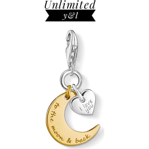 Gold Color Moon Heart Charms Fashion Good 925 Sterling Silver Jewelry Accessories Fit Bracelets Necklaces I Love You Lover Gift