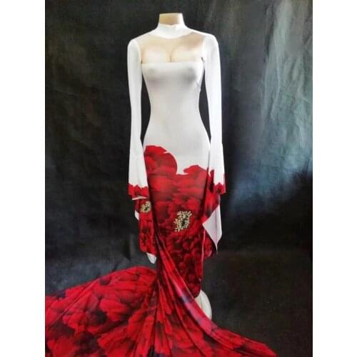 Sexy Stage Red Rose Flowers Printed Dress Birthday Celebrate Long Sleeves Sexy Evening Costume Nightclub For Female Singer Dress