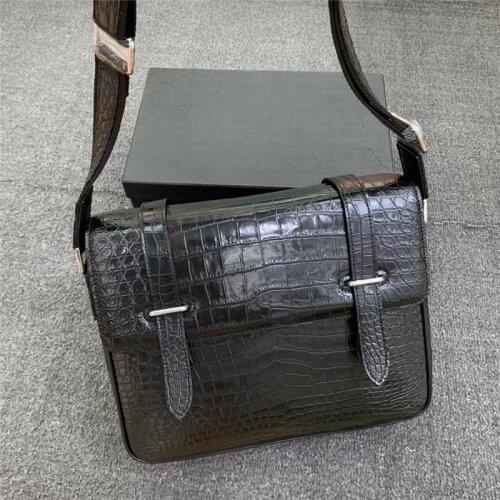 Authentic Crocodile Belly Skin Mens Black Satchels Messenger Bag Genuine Real Alligator Leather Male Casual Cross Shoulder Bag
