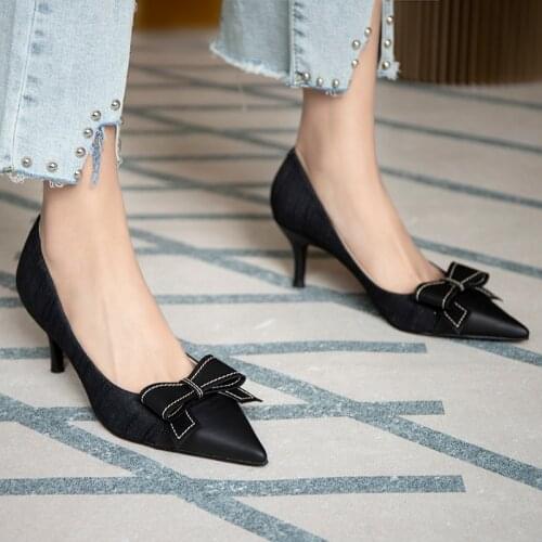 French Girls High Heels 2021 Spring New Bow Point Shallow Mouth Thin Heel Large Size 31-43 Small Size Womens Shoes